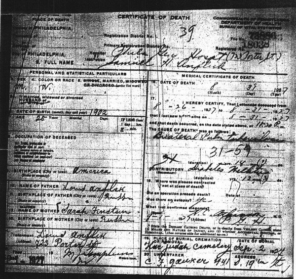 Samuel Anflick's Death Certificate, August 31, 1927.