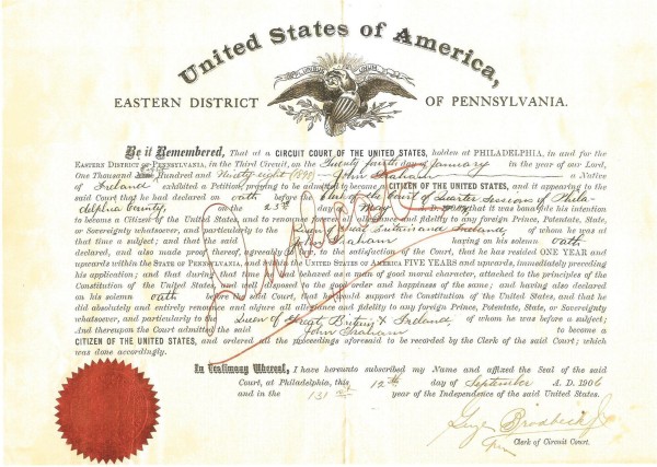 John Graham's duplicate naturalization certificate