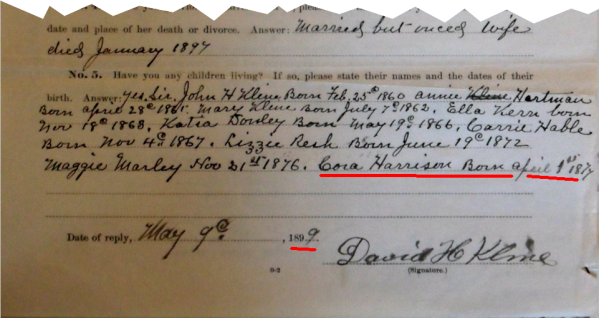 In May of 1899, David Kline reported that his youngest daughter, Cora, was born on April 1, 1877.