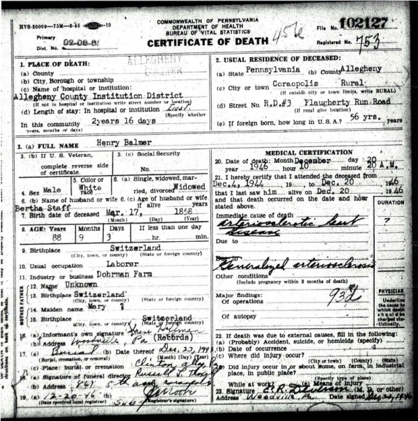 Henry Balmer's Death Certificate - 20-Dec-1946
